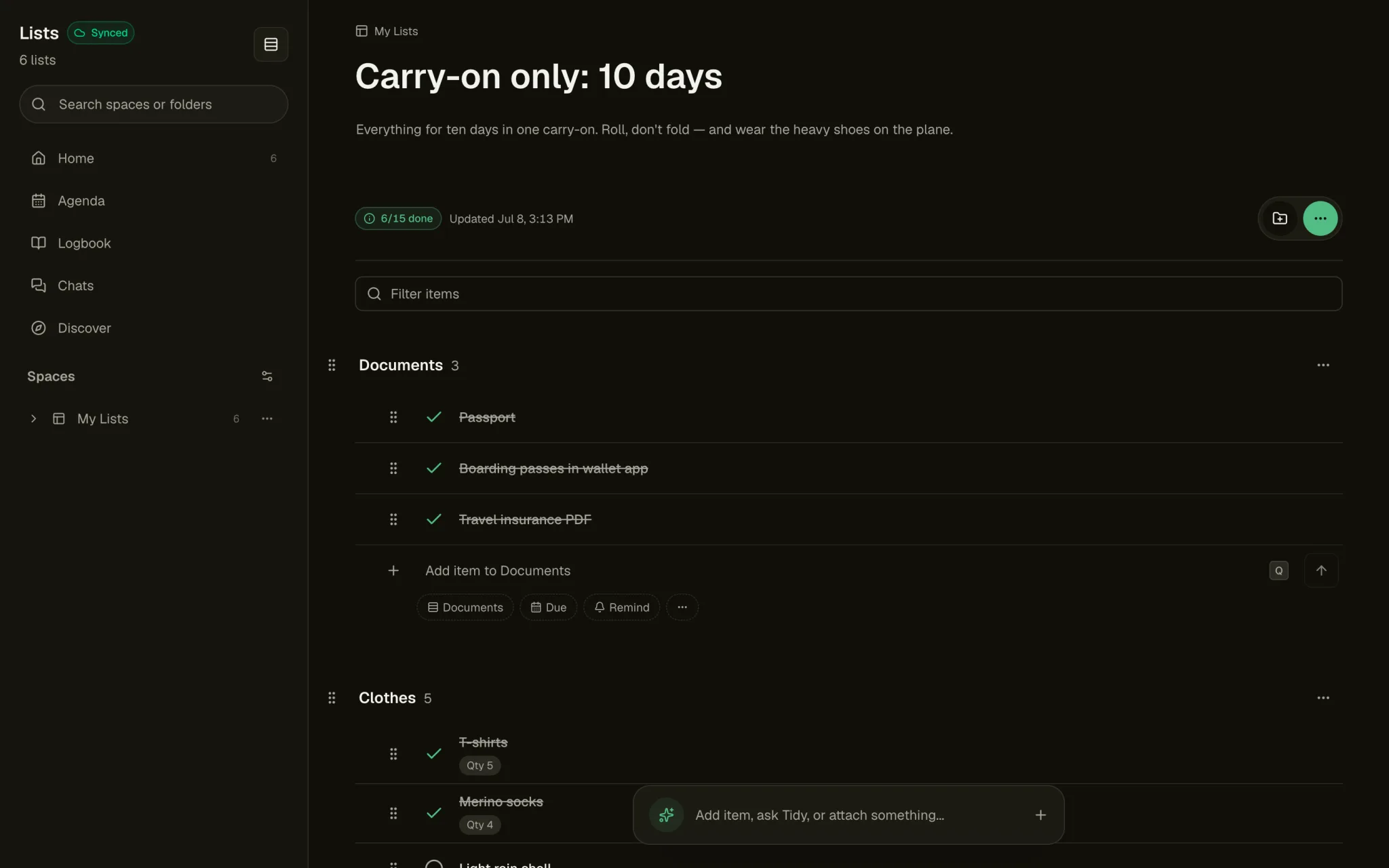 The Tidy workspace with a packing list open: grouped sections for documents, clothes and tech, checked-off items, and a progress badge.