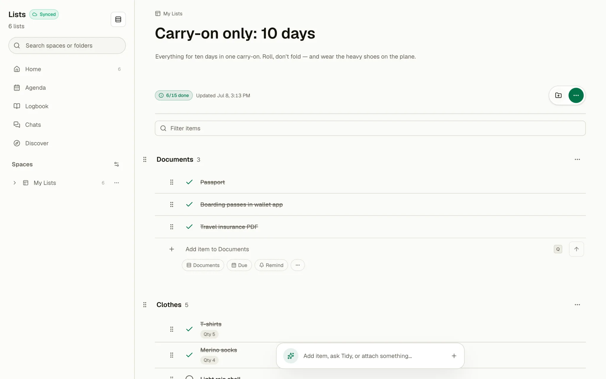 The Tidy workspace with a packing list open: grouped sections for documents, clothes and tech, checked-off items, and a progress badge.