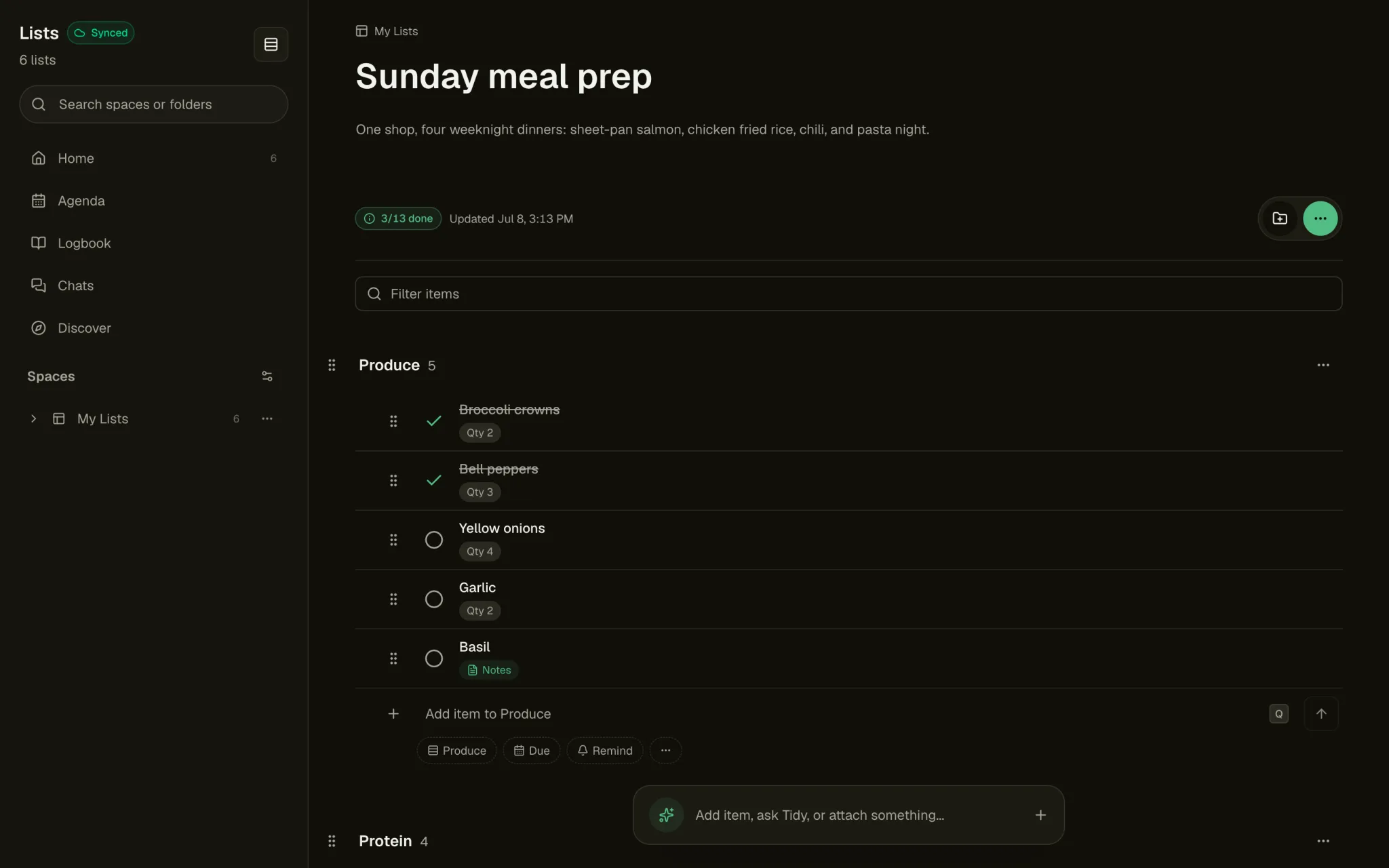 A meal-prep list in Tidy with a Produce section: items carry quantity chips and notes, two already checked off.