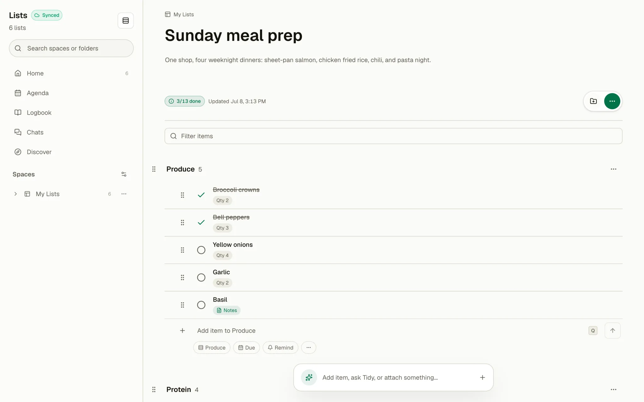 A meal-prep list in Tidy with a Produce section: items carry quantity chips and notes, two already checked off.