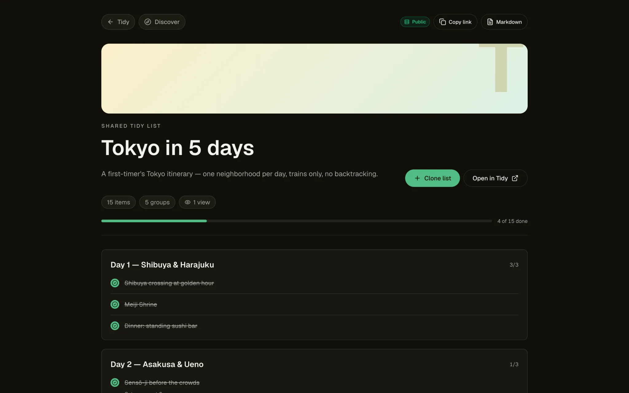 A public Tidy list titled 'Tokyo in 5 days' with a clone button, progress bar, and day-by-day sections.
